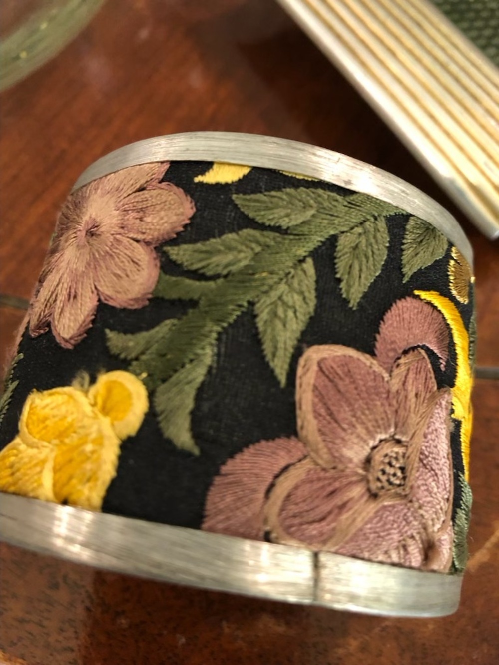 Sunburst Embroidered Floral Cuff Bracelet - Black with Pink & Yellow Flowers